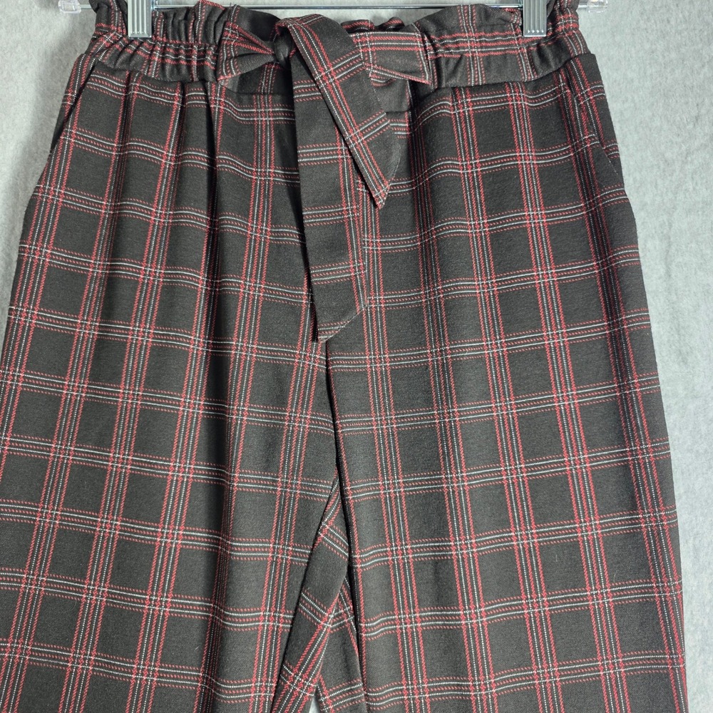 Tribal Plaid Paperbag Waist Pull On Pants Womens Medium Red Black Belted Pocket